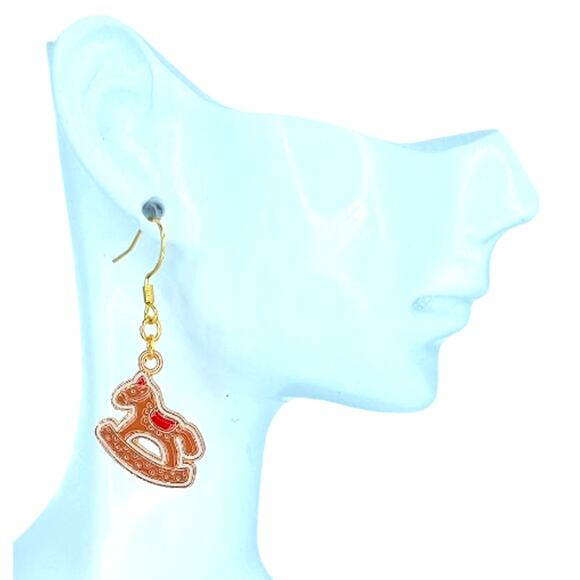 Gingerbread rocking horse dangle earrings — lightweight holiday jewelry - Picture 2 of 4